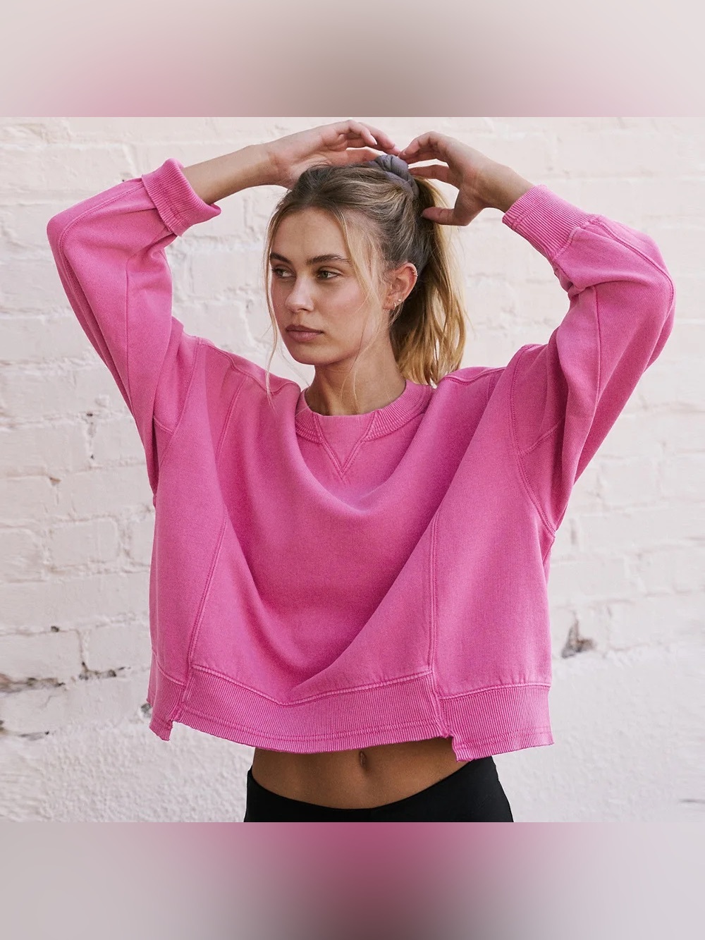 Zenana Boxy Cropped Acid Wash Pink Crewneck Sweatshirt Sz Large FP